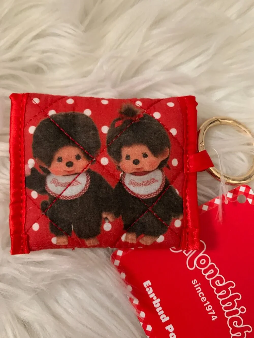 SONIX X Monchhichi Polka Dot Quilted Earbud Case Coin Keychain in Red/White